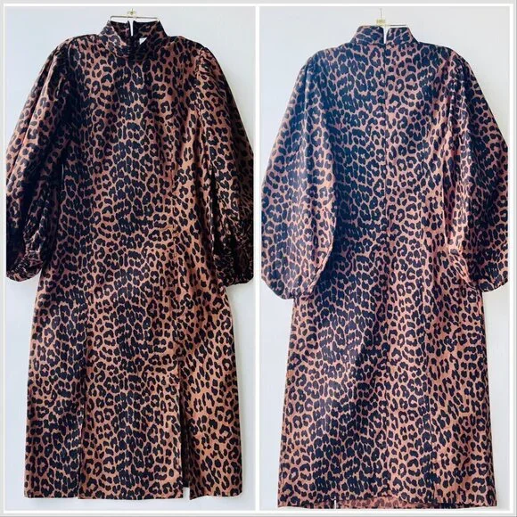 Ganni Sustain Leopard puff sleeves midi dress, Brown Leopard, Size 34 - Picture 2 of 13